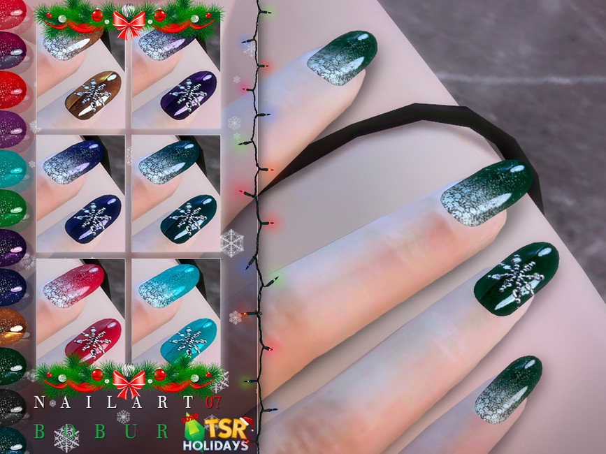 Une main avec quatre doigts montrant des ongles sims 4 de Noël en forme d'amande. Ces ongles sont de couleur vert foncé avec des flocons d'argent en dégradé depuis le bas et un grand flocon de neige sur l'annulaire