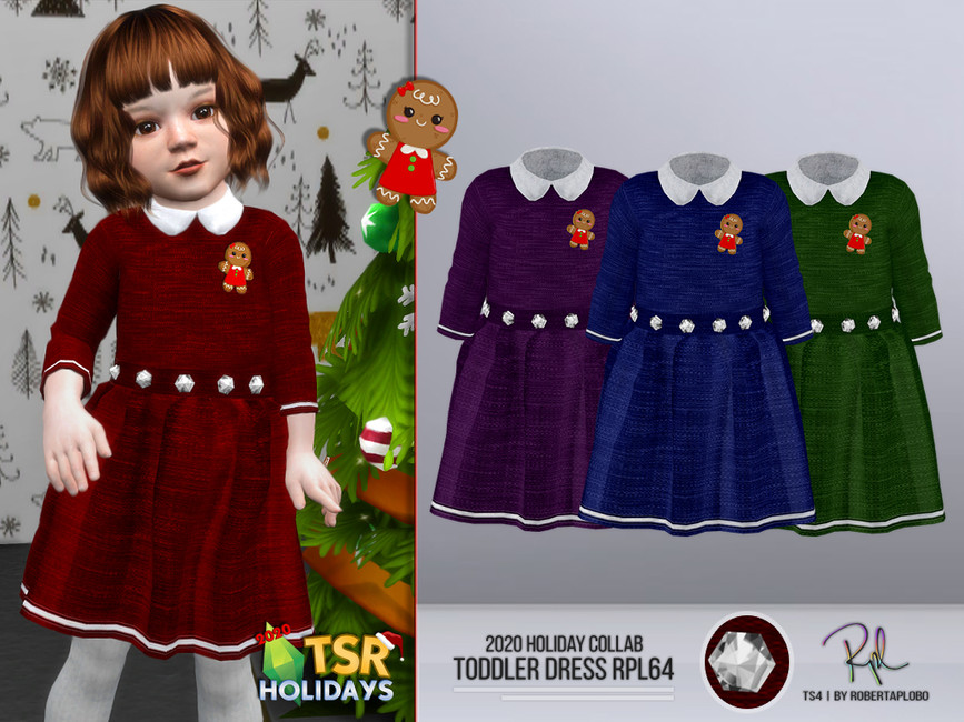 Un sim portant une option de robes de Noël dans Les Sims 4 avec un col Peter Pan et un motif de pain d'épices sur la poitrine