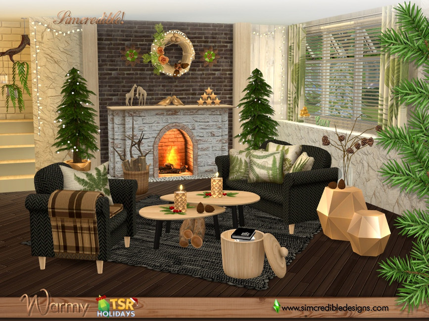 Un ensemble de meubles comprenant un canapé et un fauteuil sombres, une table basse en bois clair et une cheminée en briques ainsi que de petits sapins de Noël.