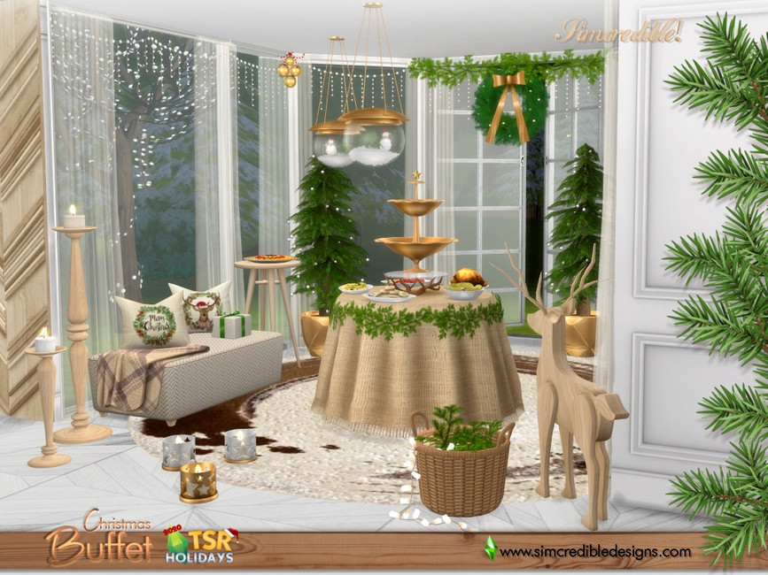 Une table de buffet avec de la nourriture festive, autour il y a des places pour s'asseoir, un panier de décorations, des bougies et un renne en bois.