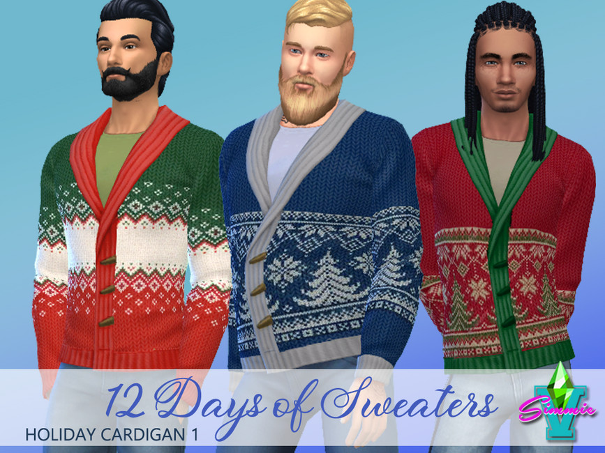 Trois hommes Sims différents portant un cardigan de Noël dans Les Sims 4