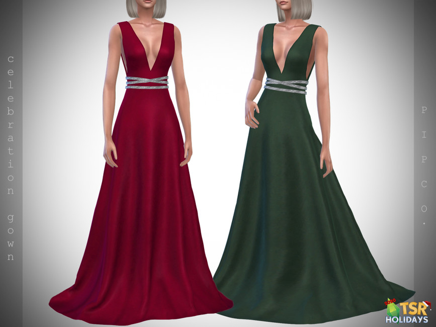 Une robe longue jusqu'au sol en rouge ou en vert. Le milieu possède une ceinture argentée avec trois pièces et le haut présente un profond décolleté en V montrant la poitrine.