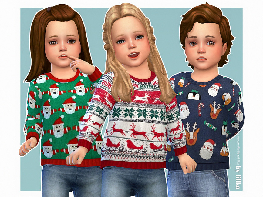 Trois personnages de The Sims 4 qui sont des tout-petits. Ces tout-petits portent des jeans et des pulls de Noël.