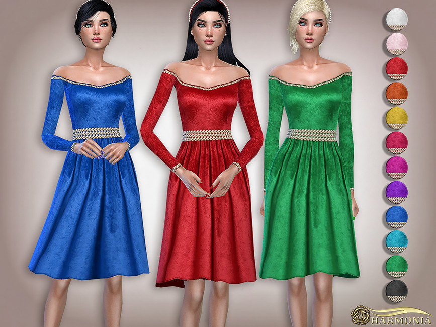 Cette robe est en velours, avec une ceinture perlée autour de la taille, un haut décolleté avec des manches longues.