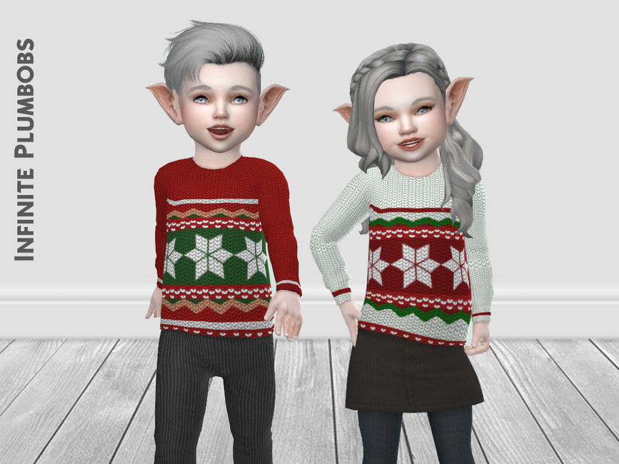 Deux bambins Sims dans Les Sims 4 avec des oreilles d'elfe et des cheveux gris. Ces bambins portent des pulls de Noël CC pour Sims 4 avec un motif en tricot.