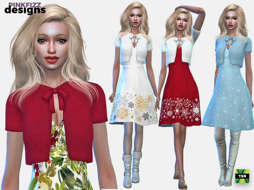 Un sim dans Les Sims 4 portant une robe ajustée et évasée avec des motifs de flocons de neige. Ils portent un petit châle par-dessus.