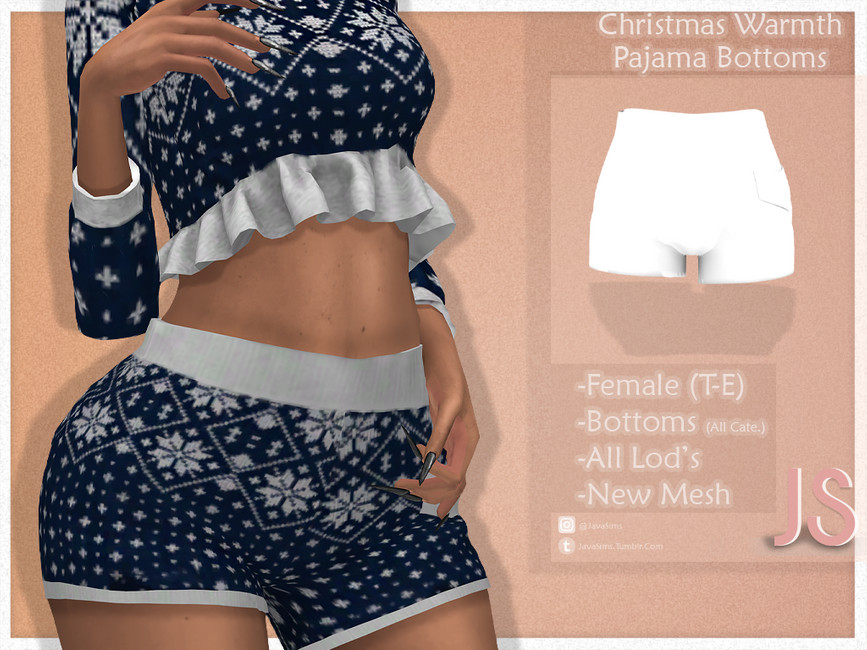Un Sim montrant son ensemble de pyjama à motifs de Noël, un haut avec des volants et un short