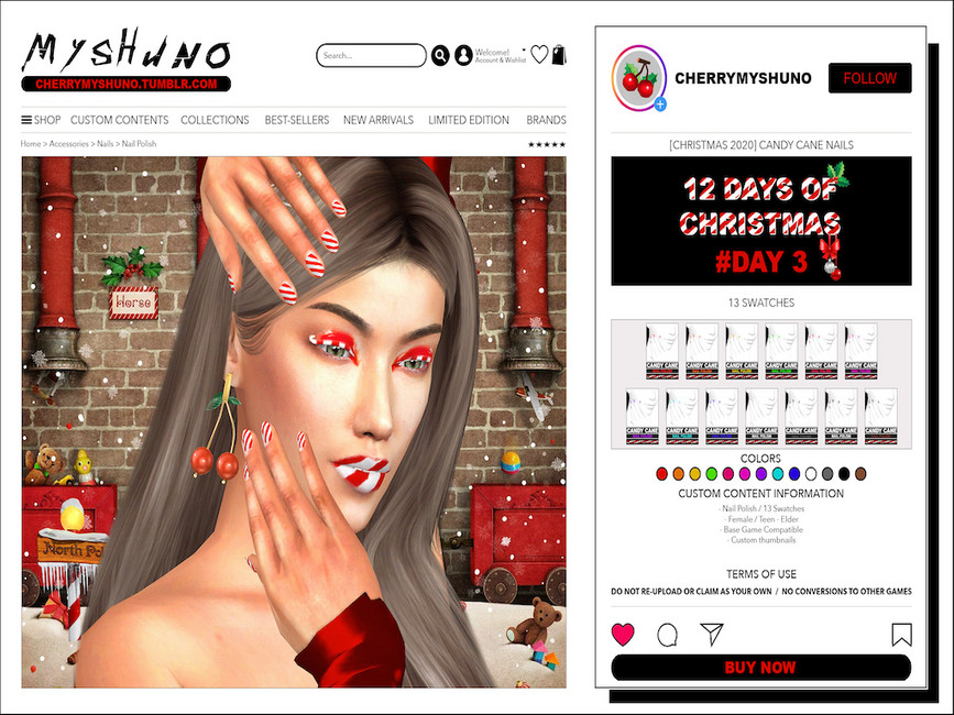 Une image qui ressemble à un journal sur Les Sims 4. L'image montre un Sim avec un maquillage en sucre d'orge et des ongles assortis en sucre d'orge.