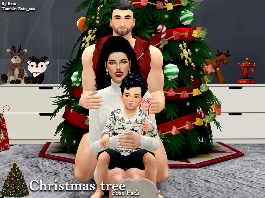 Un sim adulte masculin avec ses bras autour d'une sim adulte féminine qui tient un sim enfant sur ses genoux. Ils sont posés devant un sapin de Noël et l'enfant tient une canne en bonbon.