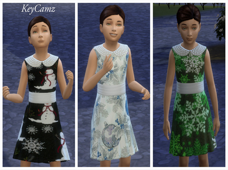 Le même Sim 3 fois, portant la même robe avec des motifs différents. Cette robe de Noël pour les Sims 4 a un col Peter Pan orné de strass et une ceinture autour de la taille.