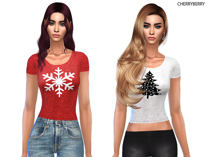 Deux sims portant des t-shirts festifs de Noël, l'un avec un flocon de neige et l'autre avec un sapin de Noël