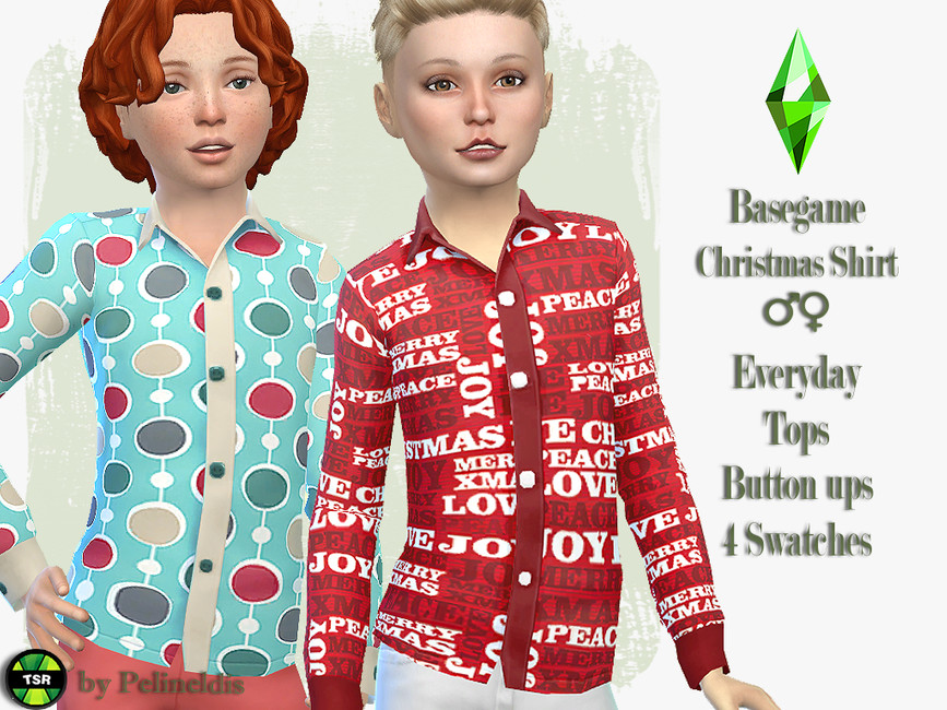 Deux sims portant des chemises à boutons, vêtements personnalisés de Noël pour les sims 4. Elles sont ornées d'ornements ou de mots festifs.