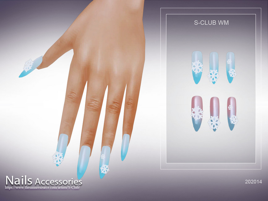 Une main immobile qui descend depuis le haut de l'écran. Cette main a de longs ongles de Noël pour les Sims 4 en forme de stiletto, recouverts d'un vernis à ongles bleu dégradé et de petits flocons de neige.