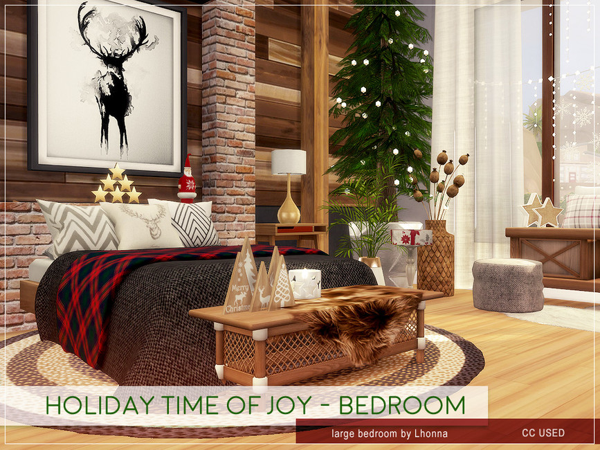 Une chambre avec des lambris en bois et un mur en briques. Il y a des éléments de décoration de Noël moderne partout