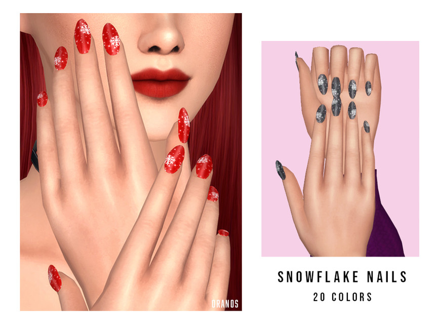 Un Sim avec des cheveux rouges et du rouge à lèvres rouge montrant ses deux mains. Sur ses mains, il y a des ongles en forme d'amande plus courts avec des paillettes et des flocons de neige.