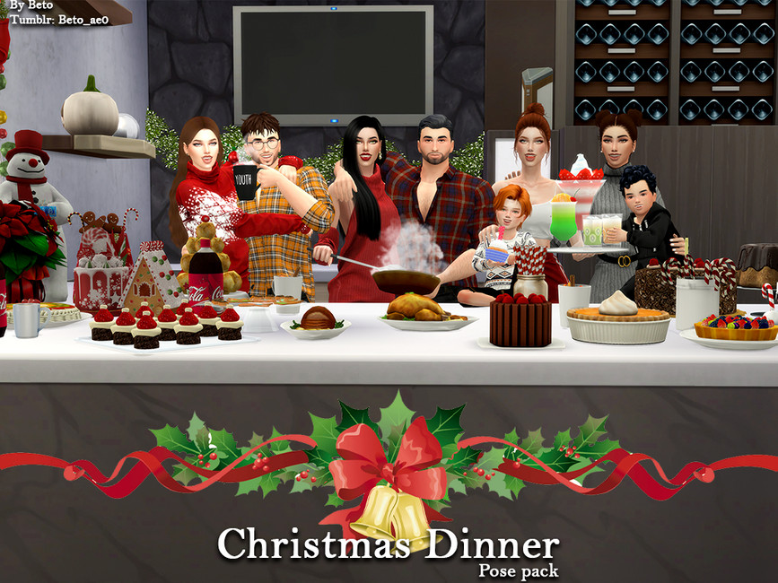 Une famille de 10 personnes dans Les Sims 4 se tenant derrière un comptoir couvert de nourriture festive de Noël.