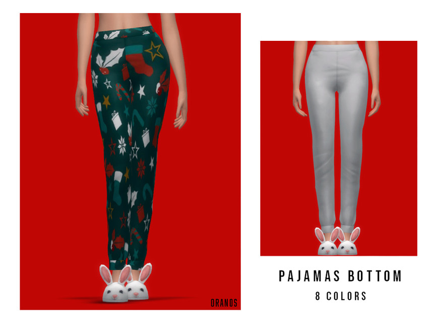 Deux rectangles rouges avec la moitié inférieure du corps d'un sim. Sur ces images, un sim porte un pantalon de pyjama de Noël et des chaussons lapin.