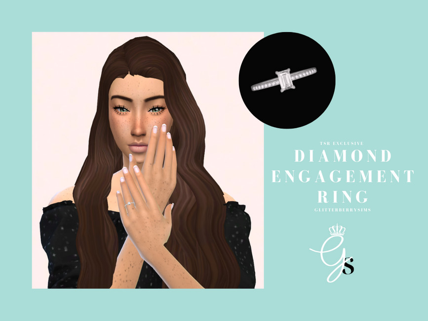 Un sim avec des cheveux longs bruns portant un haut noir décolleté et une petite bague de fiançailles discrète avec une taille émeraude.