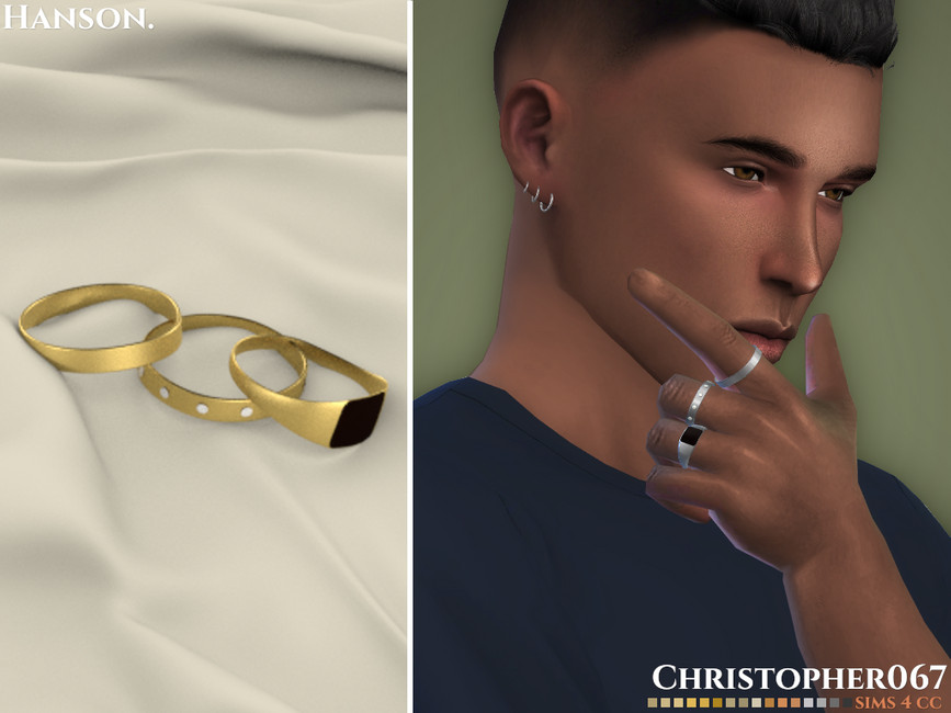 Un personnage masculin des Sims 4 portant un ensemble d'anneaux CC en or.