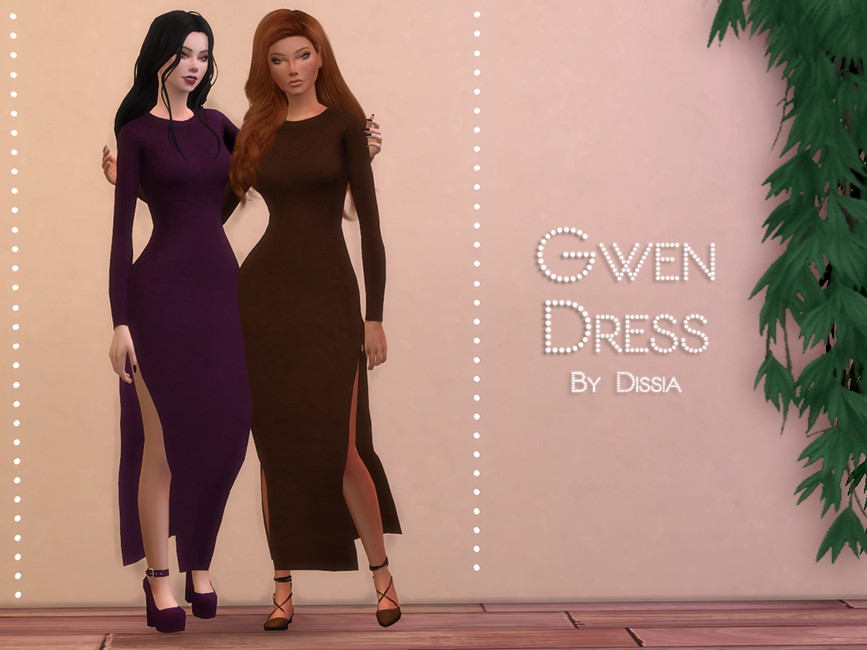 Deux personnages de The Sims 4 qui ont les bras autour l'un de l'autre et portent la même robe à manches longues avec une grande fente.