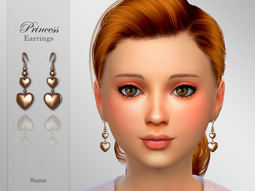 Un sim avec des cheveux rouges et des yeux marrons portant des boucles d'oreilles pendantes en forme de cœur où il y a deux cœurs.