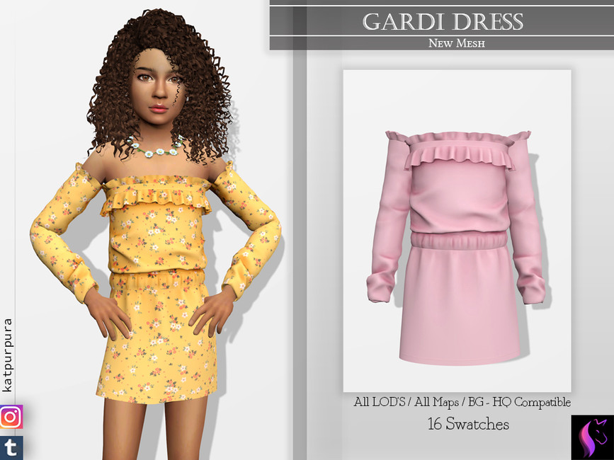 Un sim aux cheveux bruns bouclés portant un collier de fleurs. Sa robe a un décolleté droit avec des manches détachées.