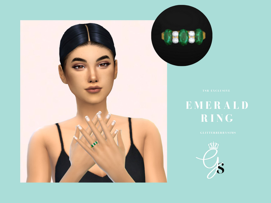 Un Sim avec les cheveux noirs et un débardeur noir. Ils ont les mains croisées devant leur poitrine et portent une bague en émeraude sims 4 cc verte.