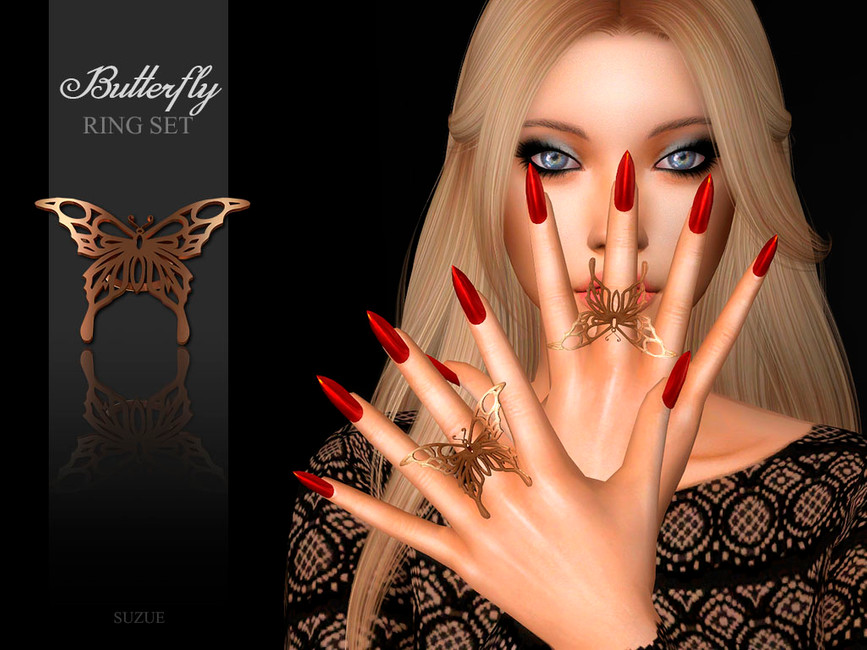 Un sim avec de grandes mains qui ont de longs ongles rouges en forme de stiletto et qui portent une option de bagues sims 4 cc en forme de papillon.