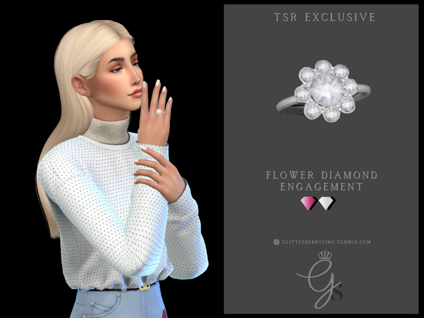 Un personnage féminin des Sims 4 portant un pull à pois avec un jean. Elle a la main levée pour montrer une bague.