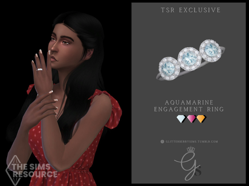 Un Sim dans une robe à pois rouges avec des cheveux noirs et des ongles français. Ils portent une bague de fiançailles.