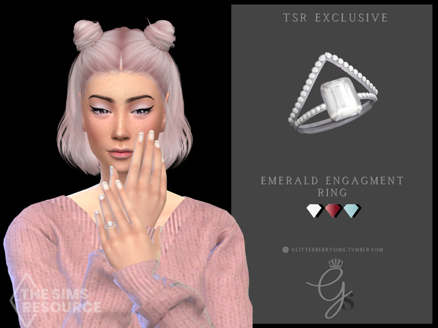 Un sim dans un pull rose avec des cheveux roses clairs, les mains croisées devant leur cou pour montrer leur bague de cc sims 4.