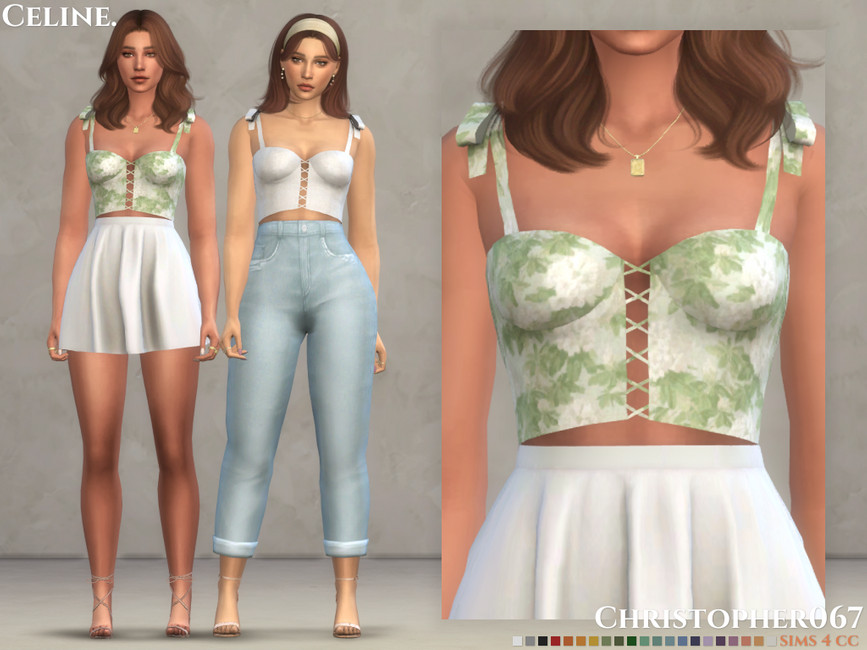 Deux sims se tenant côte à côte portant différentes variantes des mêmes crop tops sims 4 cc, l'un porte une jupe blanche et l'autre un jean taille haute.