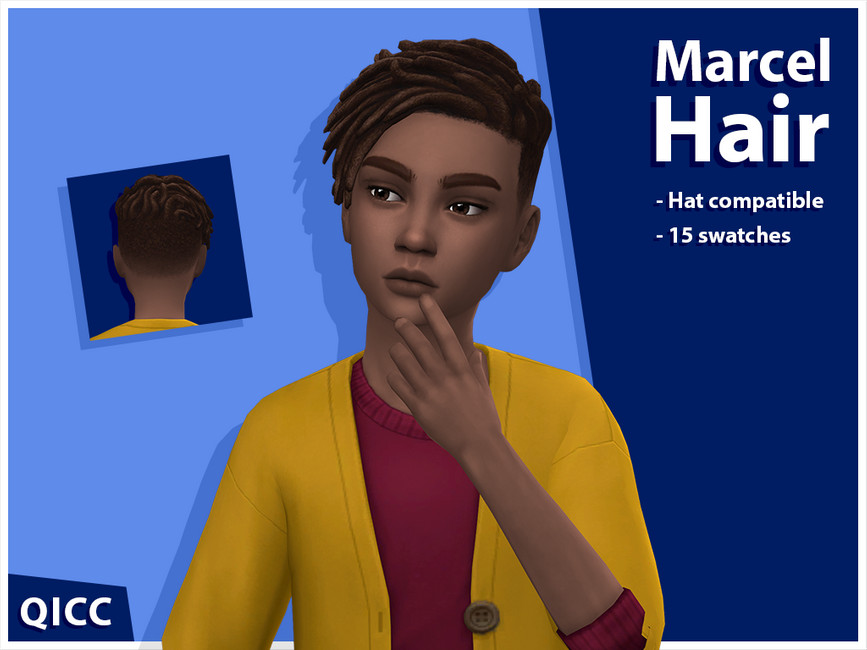 Un sim masculin enfant dans Les Sims 4 qui porte un cardigan jaune sur une chemise rouge et a des cheveux texturés avec une décoloration à l'arrière.