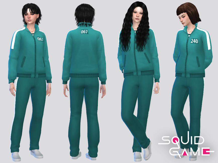Quatre Sims portant les tenues de survêtement de l'émission populaire, Squid Games