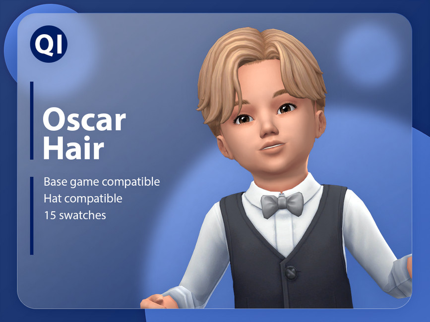 Un tout-petit blond dans Les Sims 4 qui porte un nœud papillon et un gilet et a une coiffure personnalisée sur la tête.
