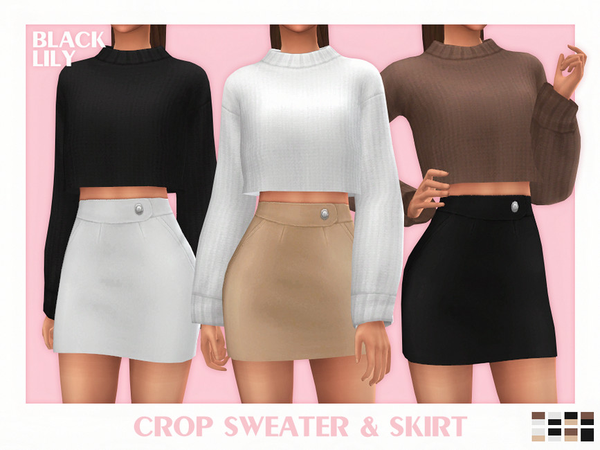 Les mêmes sims 3 fois avec leurs têtes coupées de l'image, ils portent tous des jupes mimi à taille haute et des pulls courts à manches longues.