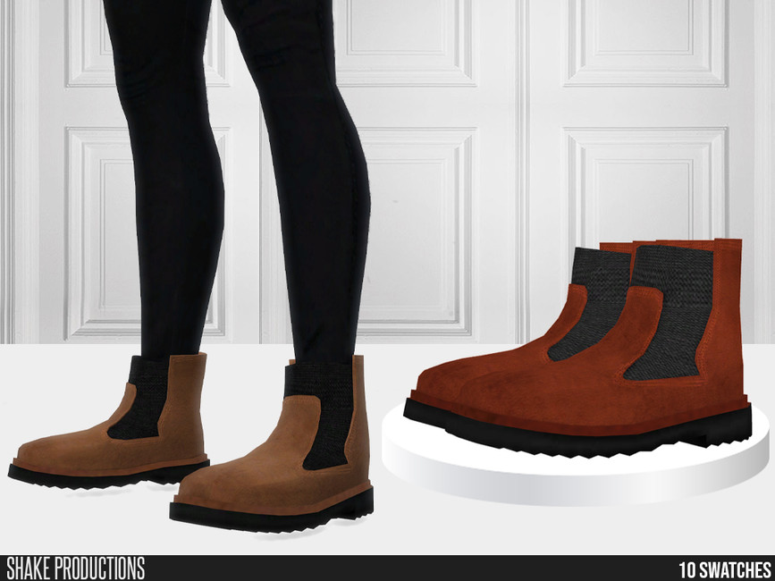 Une paire de bottines sur une paire de jambes avec un legging noir. Ce sont de superbes chaussures CC pour hommes dans les Sims 4, il y a aussi une paire non portée, mais sur une plateforme.
