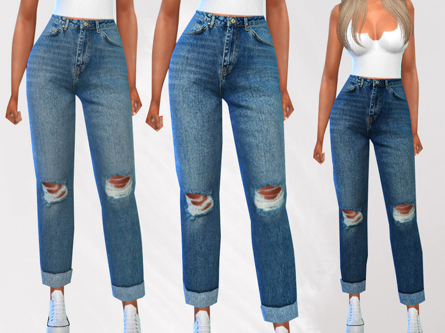 Un Sim aux cheveux blonds et un débardeur blanc portant des jeans mom taille haute avec des genoux déchirés et des baskets blanches.
