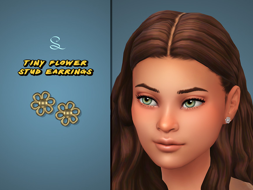Un sim avec des cheveux bruns séparés au milieu et des yeux noisette portant une paire de boucles d'oreilles pour enfants sims 4 cc, qui sont de petites fleurs en argent.