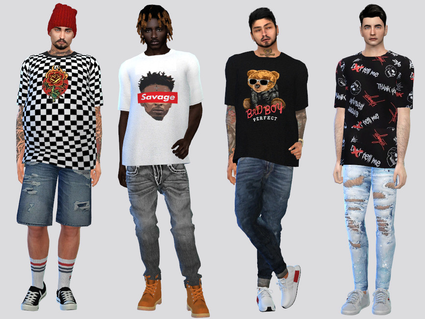 Quatre sims se tenant côte à côte portant des jeans, tous portent des t-shirts surdimensionnés avec des designs graphiques pour les sims 4
