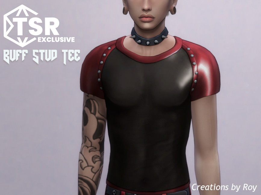 Un sim dont on ne peut voir que du nez vers le bas, portant un collier à clous, une manche tatouée et une chemise à l'apparence solide et ornée de clous