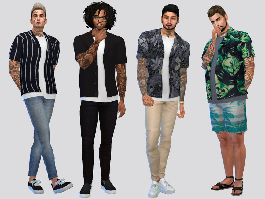 Quatre personnages masculins de The Sims 4 debout sur un fond gris clair. Ces Sims portent des chemises blanches sous un bouton ouvert à motifs.