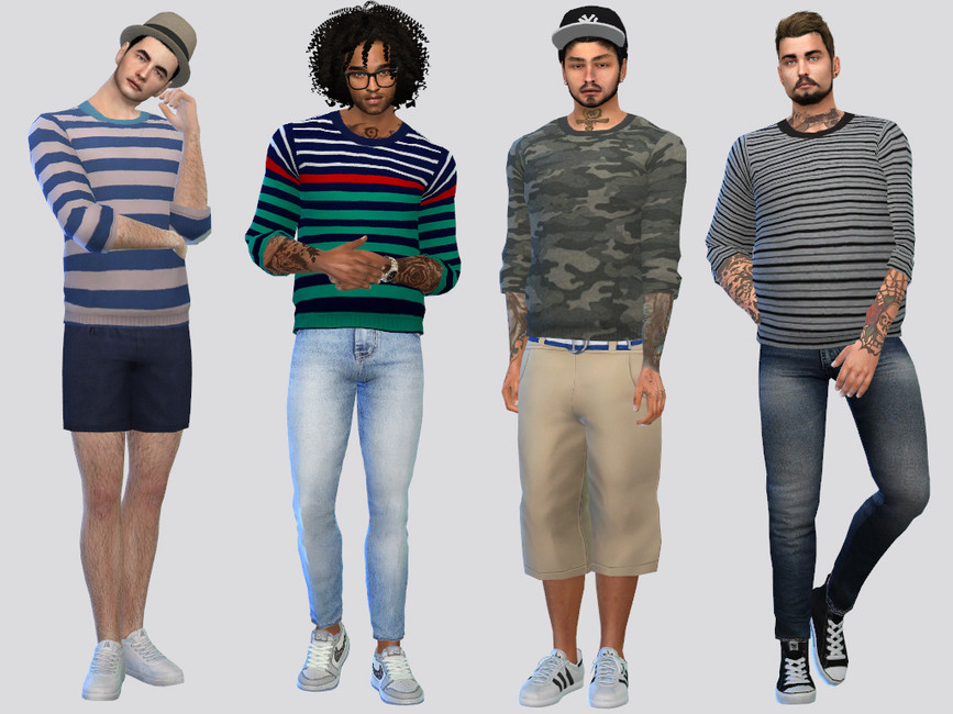 Quatre Sims se tenant dans différentes poses tout en portant des sweats à rayures pour hommes dans Les Sims 4