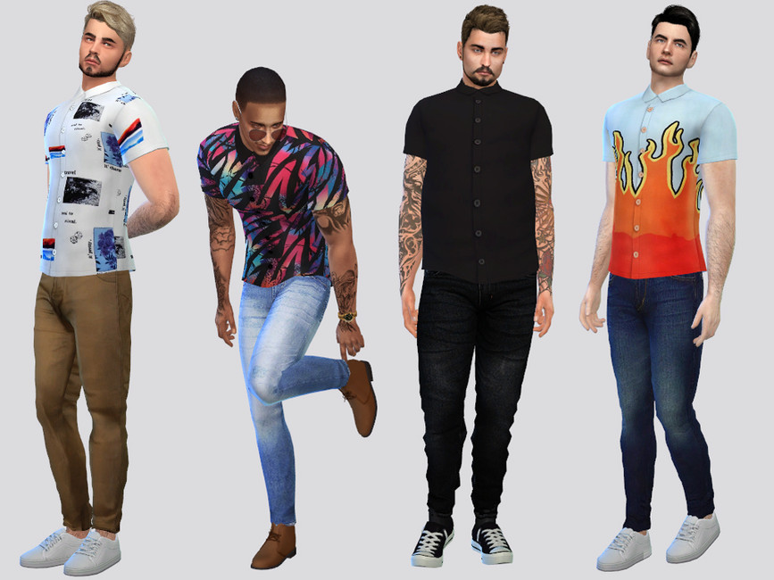 Cette image montre quatre Sims se tenant côte à côte, tous portant des pantalons et des chaussures, mais aussi une chemise à boutons retroussés avec différents motifs.
