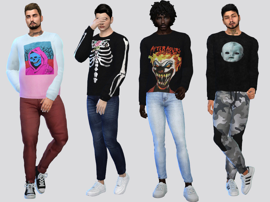 Quatre Sims masculins portant des chemises effrayantes sur le thème d'Halloween