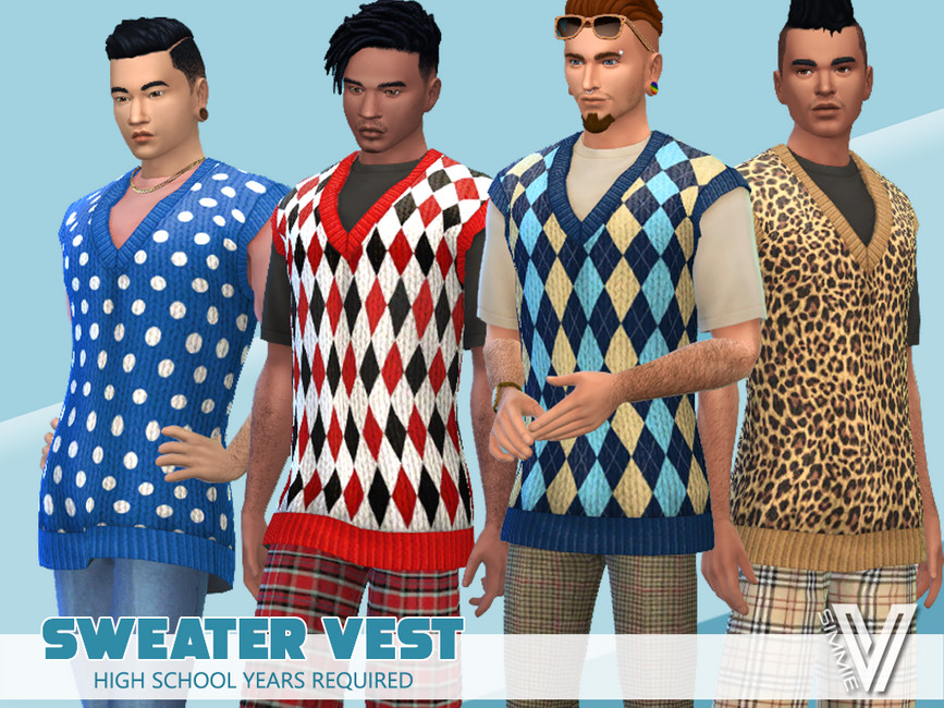 Quatre personnages masculins des Sims 4. Ces Sims portent des t-shirts et par-dessus, des gilets à motifs