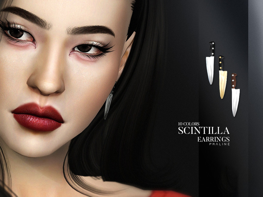 Un sim aux yeux sombres, rouge à lèvres rouge et des boucles d'oreilles ressemblant à de petits couteaux