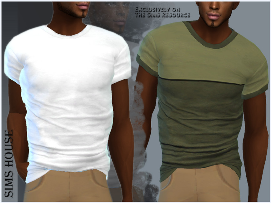 Deux Sims debout côte à côte, mais leurs têtes sont coupées sur l'image. Ils portent des t-shirts bicolores. sims 4 cc chemises homme