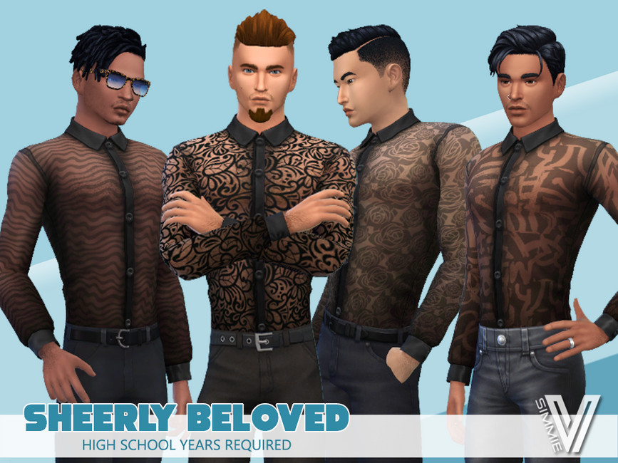 Quatre personnages masculins des Sims 4 portant des chemises transparentes en maille. Celles-ci présentent des motifs en dentelle pour les rendre intéressantes.