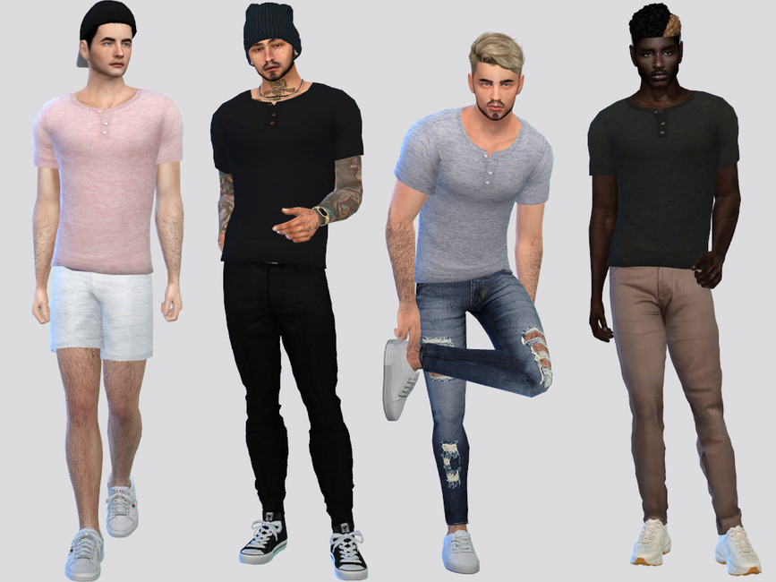 Quatre Sims masculins de Les Sims 4 se tenant côte à côte en portant des chemises à boutons